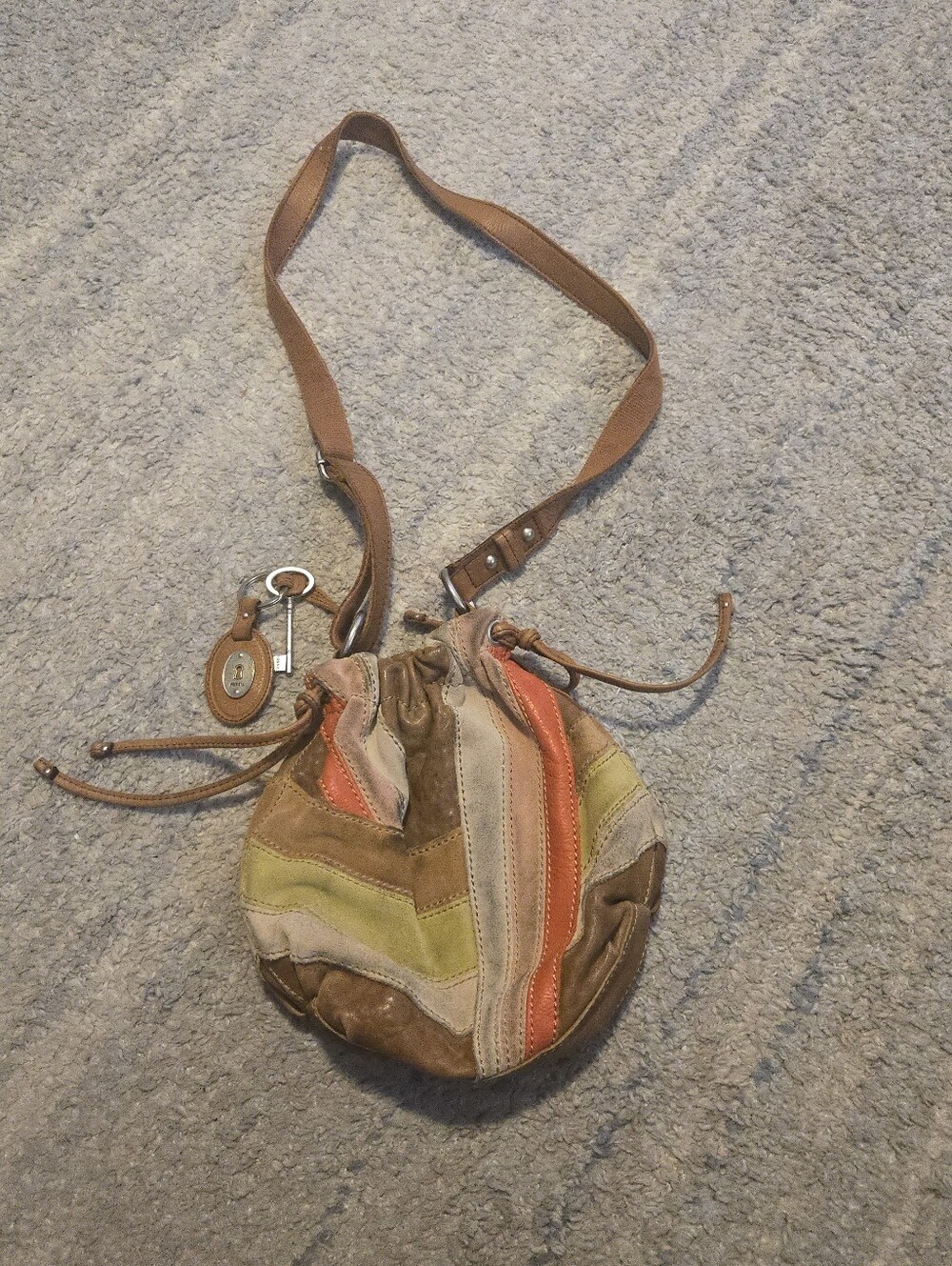 FOSSIL Long Live Vintage Patchwork Leather Suede Drawstring Bucket Crossbody Bag